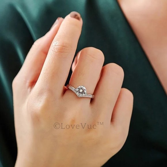 Certified 1ct. t.w. Diamond Moissanite Solitaire Chevron Engagement Wedding Ring - Picture 3 of 16